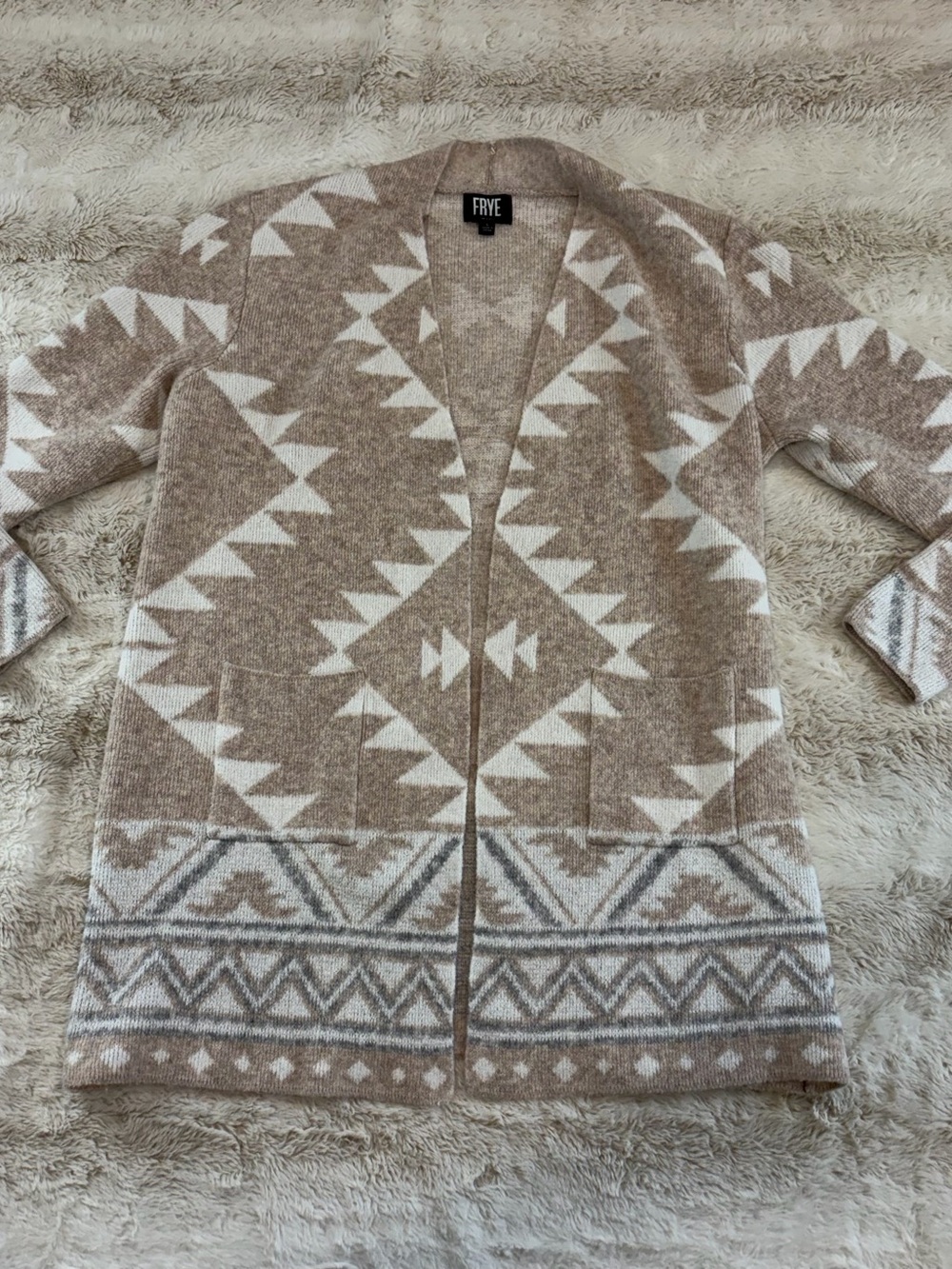 Frye tan gray ivory Geometric Aztec Open-Front Cardigan large sweater boho